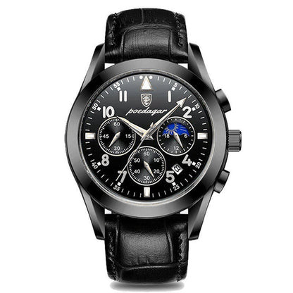 Men's wrist watch with black case, black dial, and black leather strap