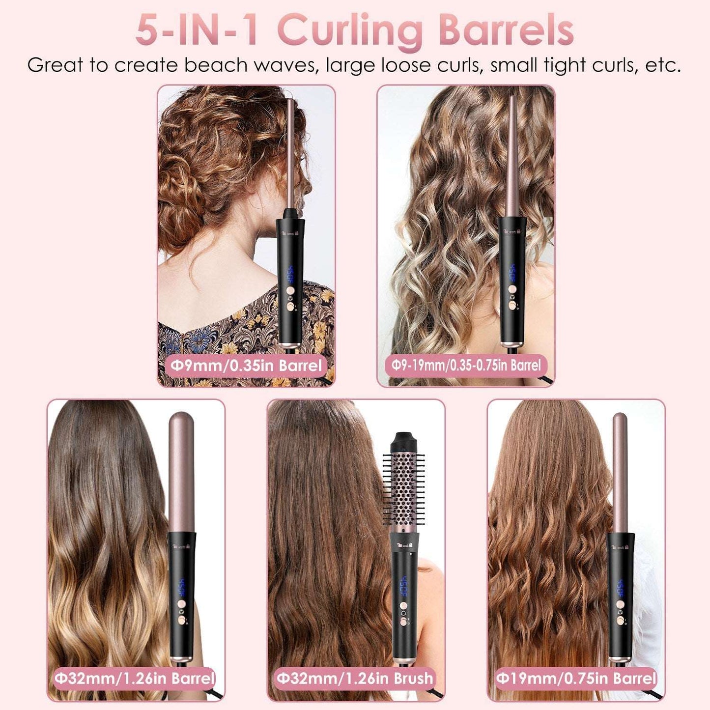 5-in-1 Curling Wand & Thermal Brush Set - Anti-Tangle Hair Curler 2 Type Options--1Pc 5 In 1 Curling Wand | Ectron Online