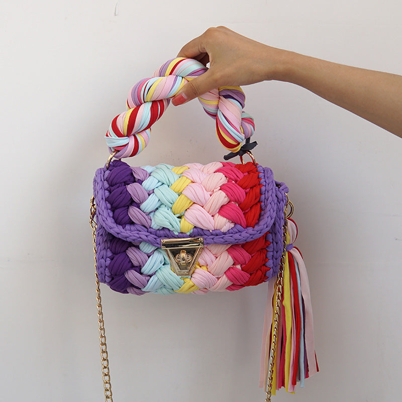 Pure Handmade Cloth Strip Bag Rainbow