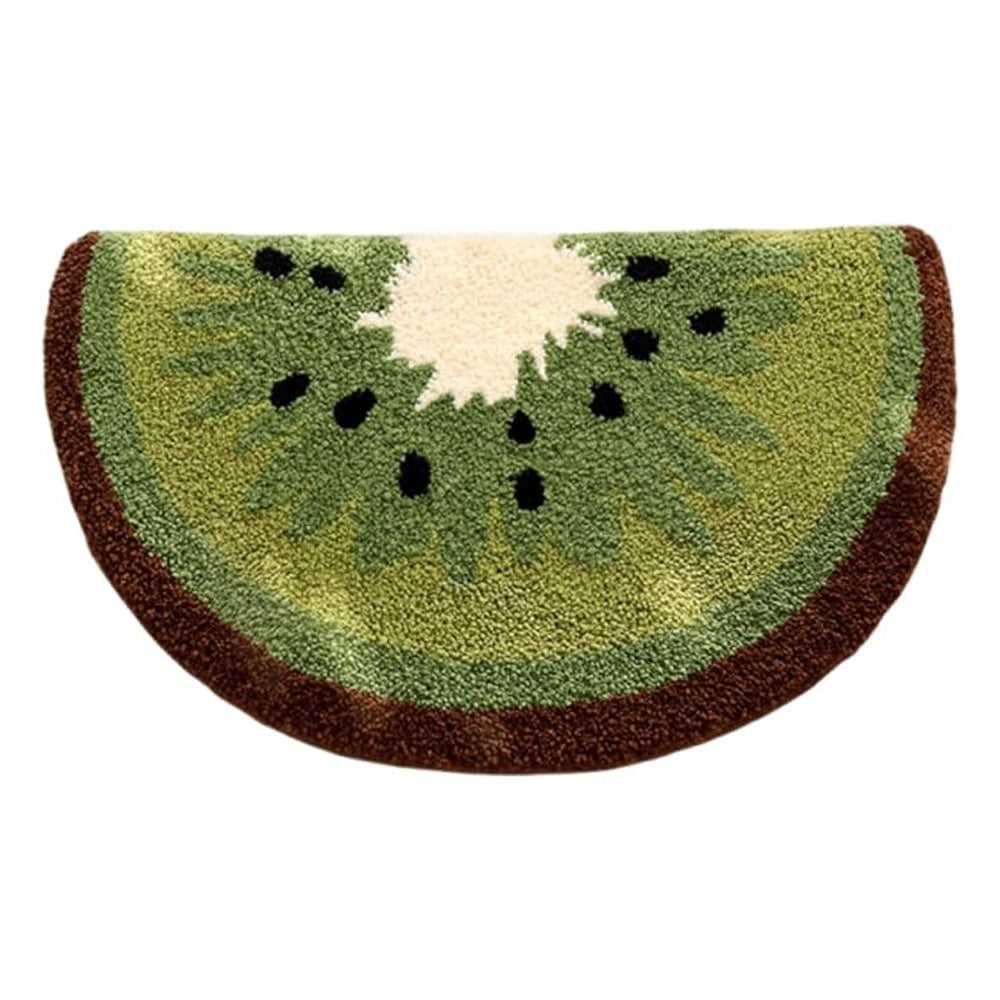 Kiwi-shaped bath mat, textured green with dark brown curved border and black seeds