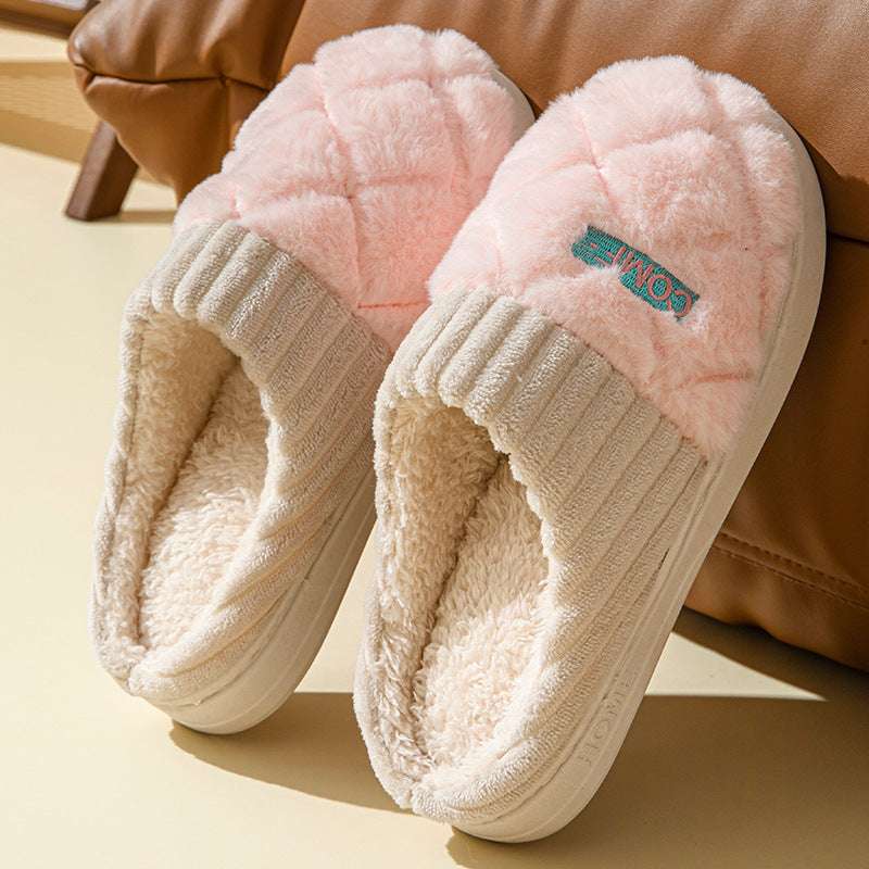 Solid Rhombic Letter Slippers – Warm, Non-Slip Plush for Couples Solid Rhombic Letter Home Slippers Winte | Ectron Online