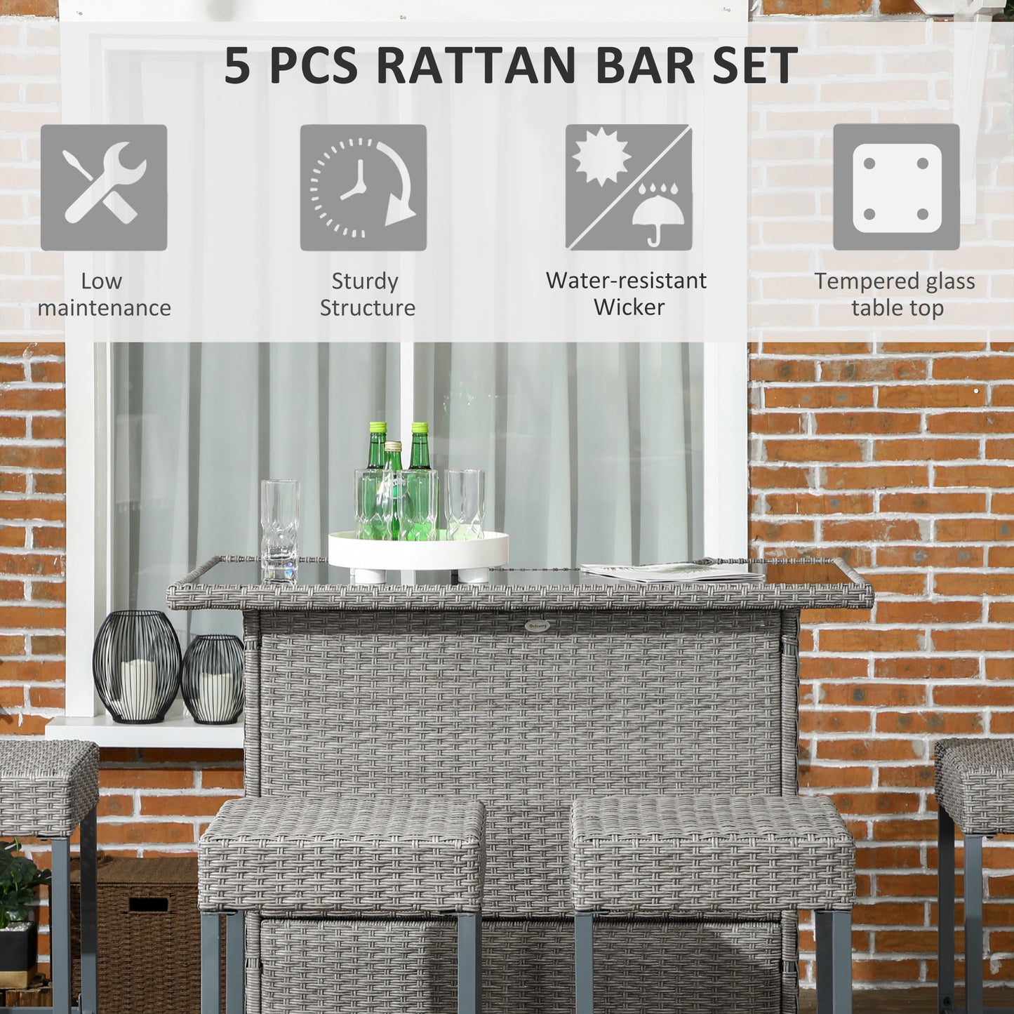 Gray rattan bar table with tempered glass tabletop and cushioned backless bar stools