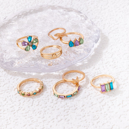 Colorful Crystals Flower Geometric Snake Shaped Scallop Eight-piece Set Ring