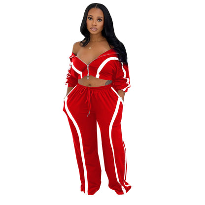Contrast-striped two-piece cardigan set with off-shoulder cropped top and drawstring pants, red/white