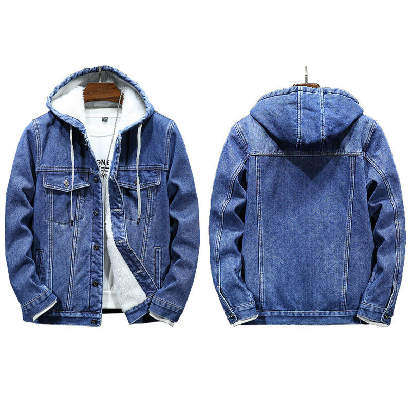 Blue denim hooded jacket set: front and back views with sherpa lining and pockets
