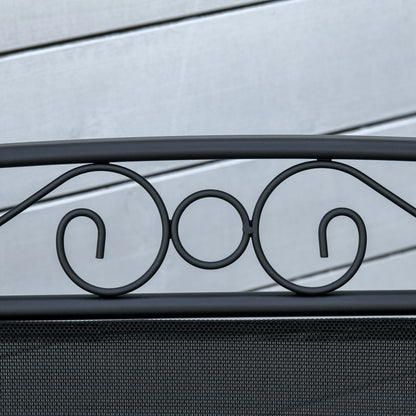 Black metal scroll detail on patio glider chair back frame