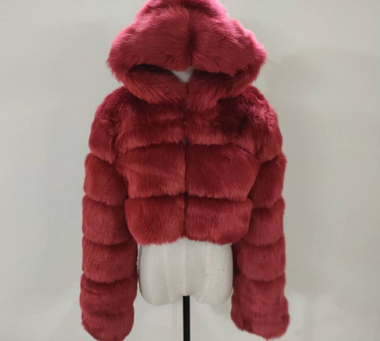 Short Hooded Faux Fur Coat