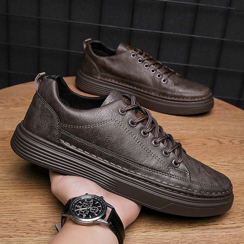 Brown leather lace-up casual sneakers with stitched detailing and chunky rubber sole