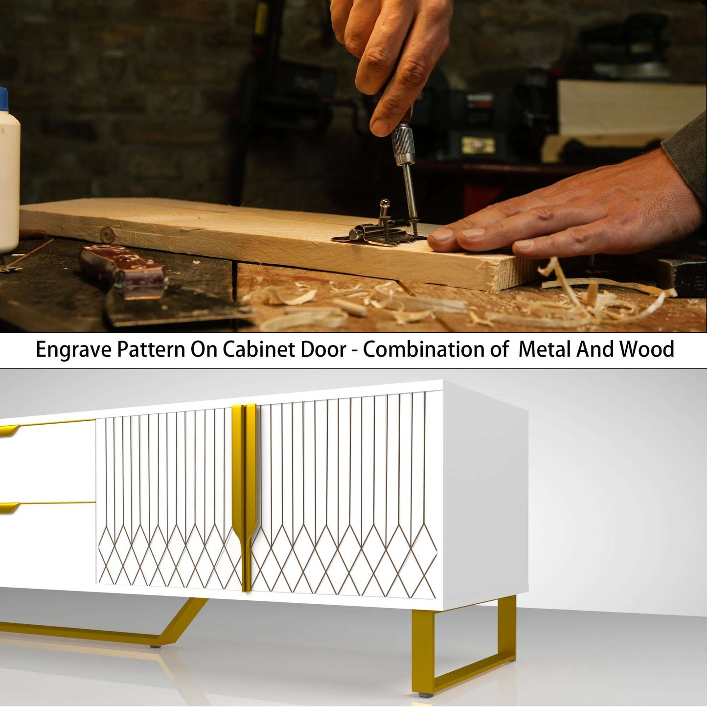 Cabinet door panel being engraved with a diamond pattern, shown with gold accents