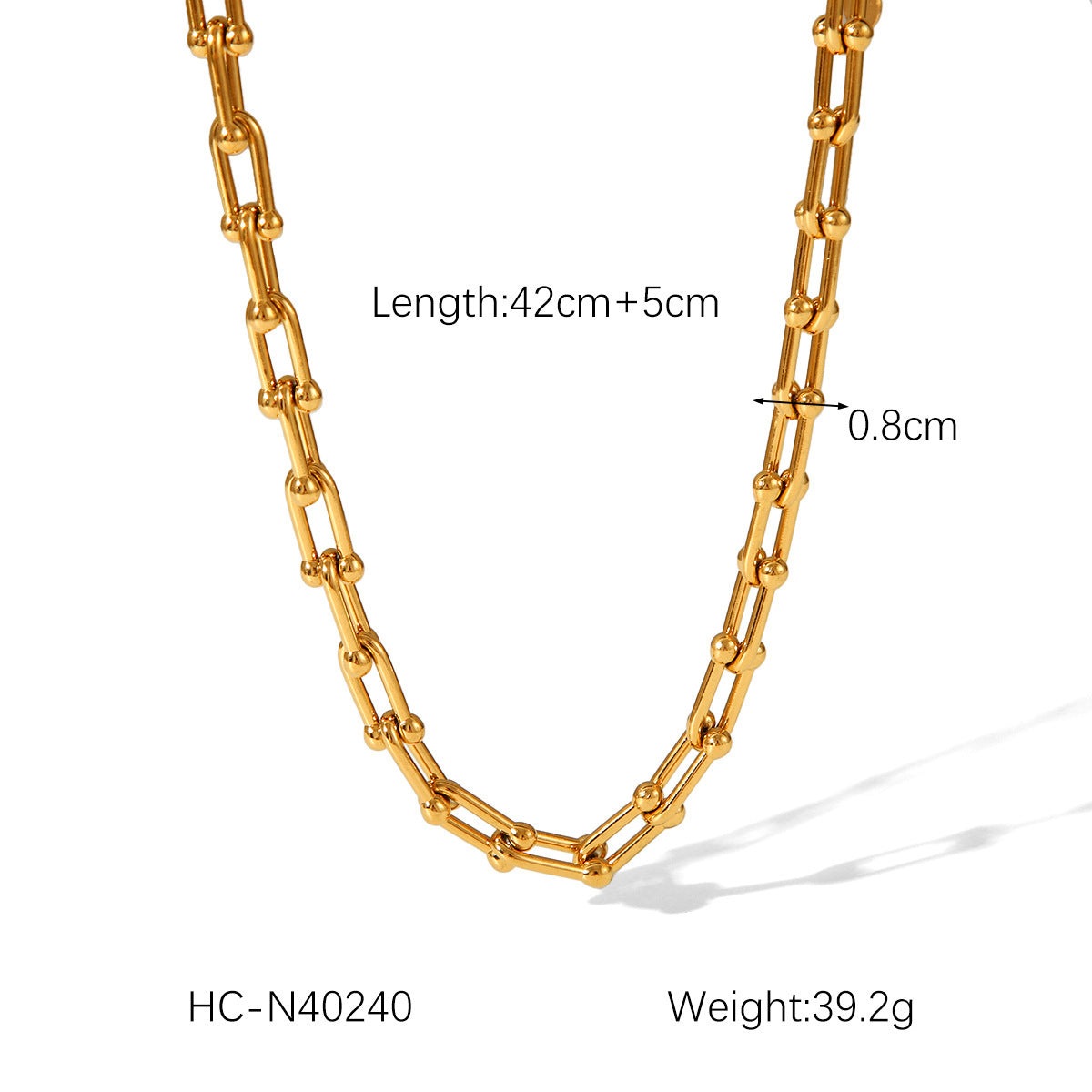 18K gold plated bar link chain necklace, rectangular links, length 42+5 cm