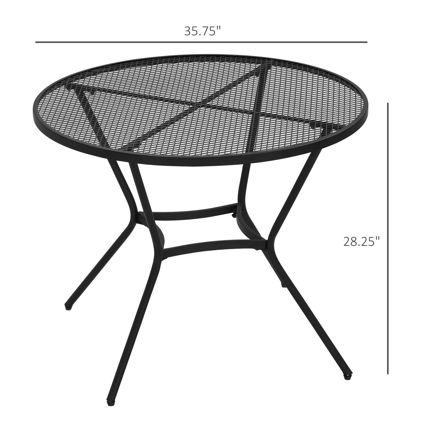 Black round metal mesh bistro table top, 35.75 in wide, 28.25 in tall
