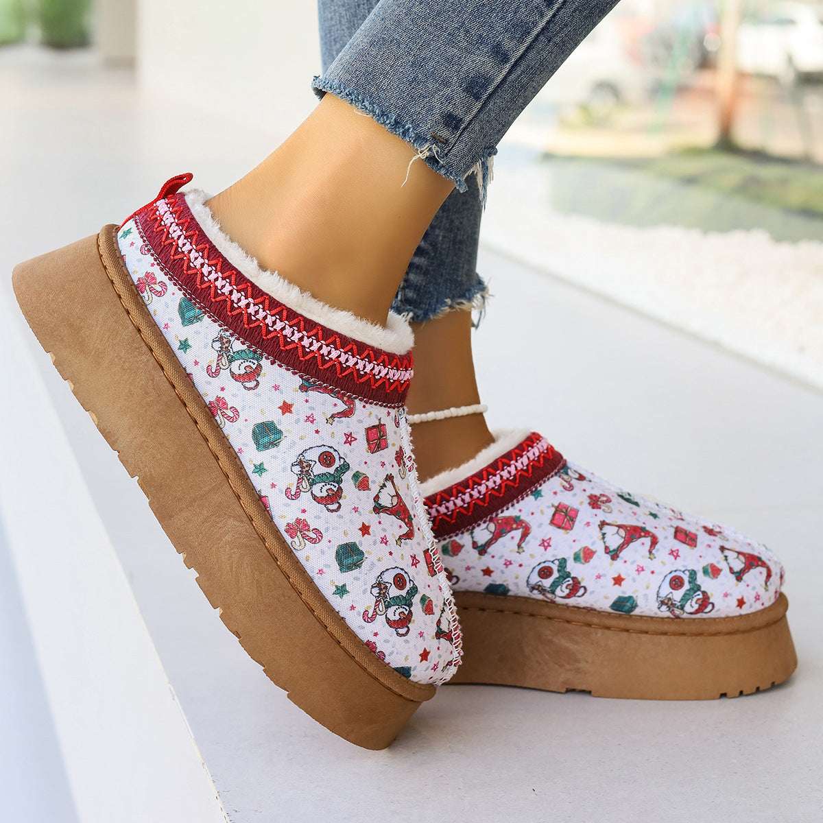 Women's Christmas Ankle Boots – Plush Lined Slip-On Winter Shoes Women's Cartoon Christmas Print Ankle Bo | Ectron Online