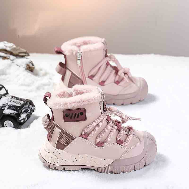 Pink kids waterproof winter sneakers with fleece lining, lace-up front, side logo patch