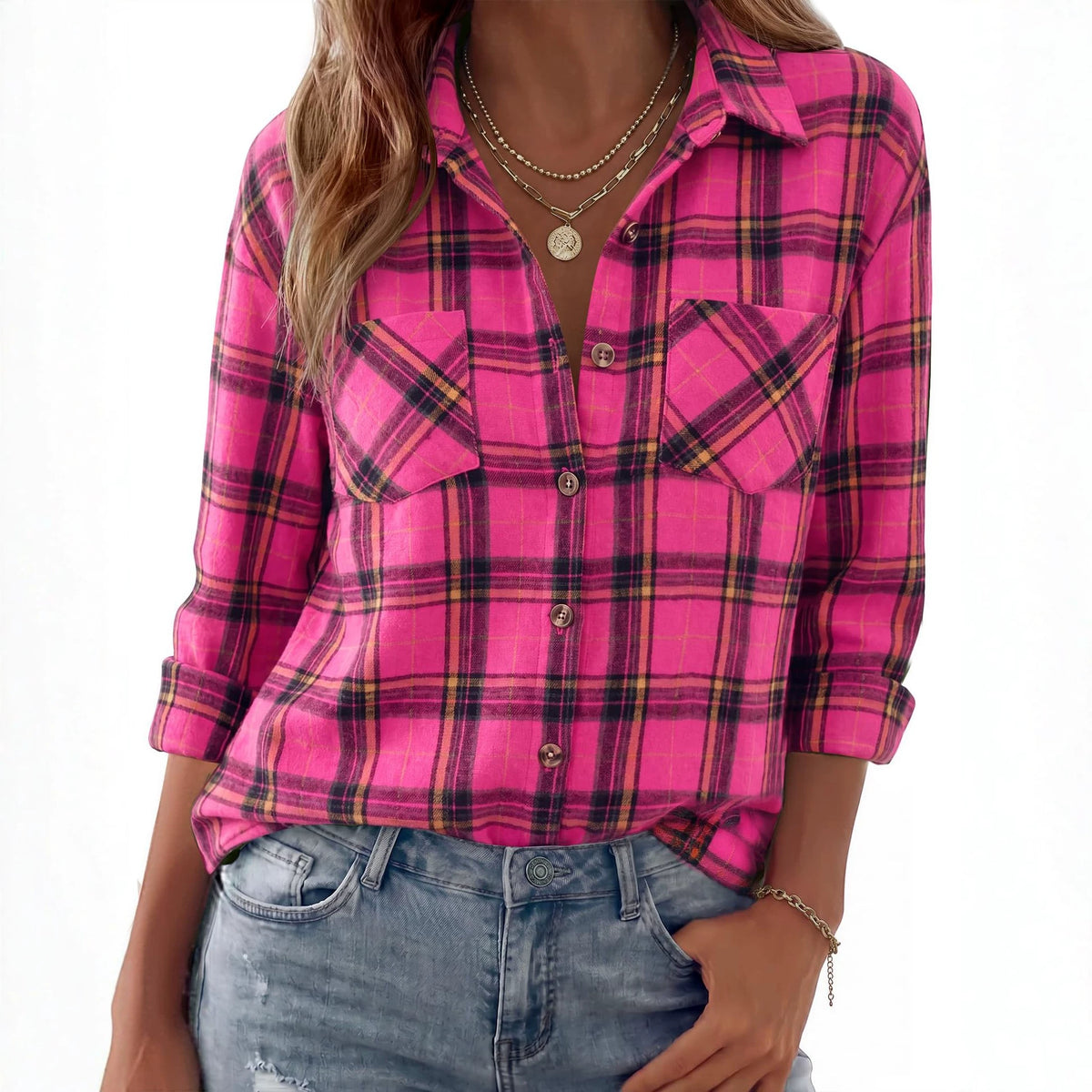 Loose-fit plaid button-up shirt in bright pink and magenta checks with chest pockets