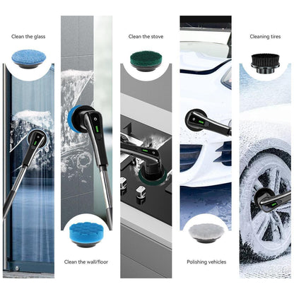 Electric cleaning brush set with long wand and interchangeable round scrub heads