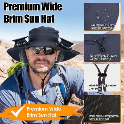 Solar powered sun hat with dual fan vents, navy; wide brim, adjustable strap and chin tie