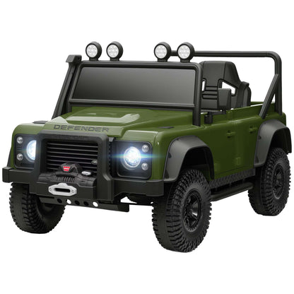 Studio view of dark green kids electric ride-on SUV with four round light pods