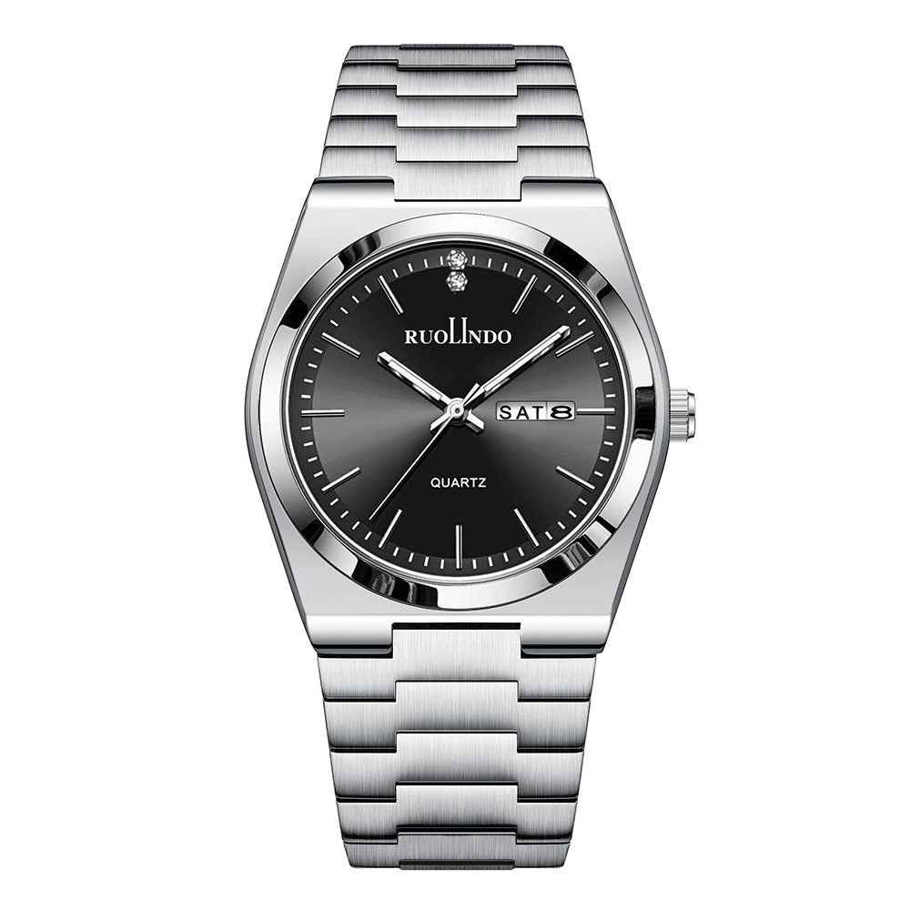Stainless steel luminous men's wrist watch with black dial and metal bracelet