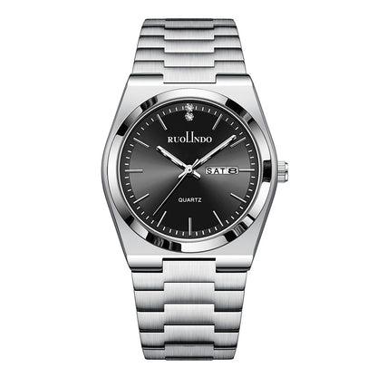 Stainless steel luminous men's wrist watch with black dial and metal bracelet