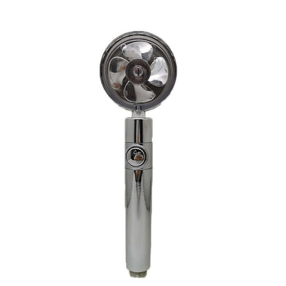 Chrome handheld shower head with clear fan rotor on face