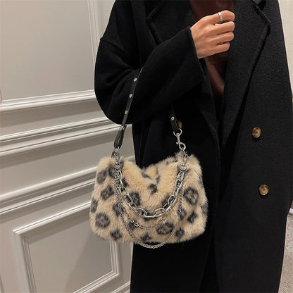 Winter Plush Bags Chain Shoulder Bag Women Flowers Print Handbags