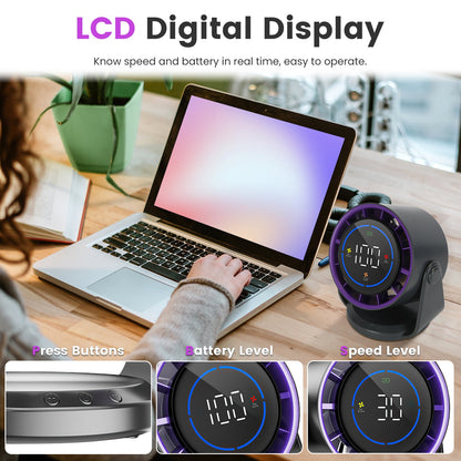 Rechargeable fan with purple LED control display and black base