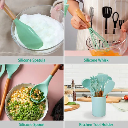 {{ brand }} 11 Pcs Silicone Cooking Utensil Set - Heat Resistant with Wooden Handles - 11Pcs Silicone Cooking Utensil Set Heat