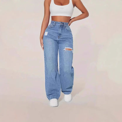 Women's European Style Distressed Jeans | Washed Hole Denim Pants European And American Ladies Washed Hole | Ectron Online