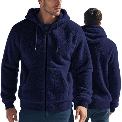 Navy sherpa fleece zip hoodie, hood with drawstrings