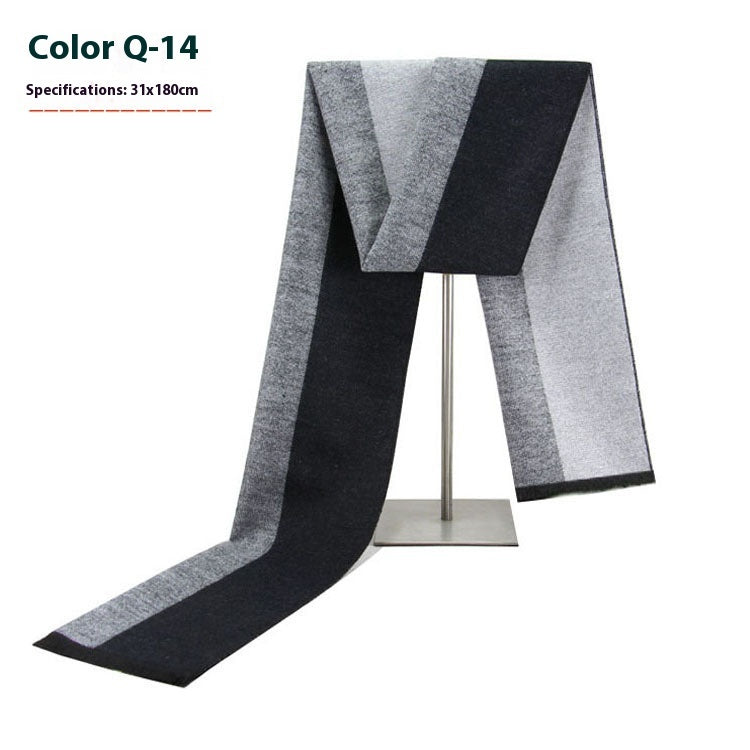 Black and gray scarf on a stand with specifications displayed.