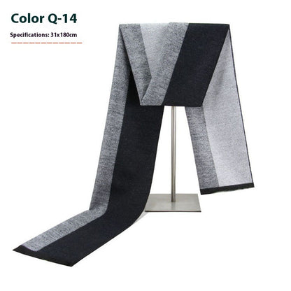 Black and gray scarf on a stand with specifications displayed.