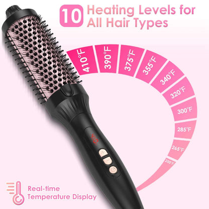 Black hot air styling brush with rose-gold bristles and temperature level chart