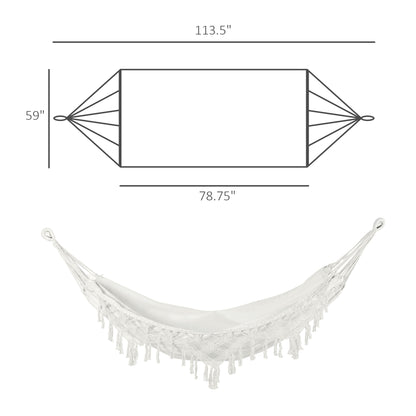 White boho macrame hammock with tassel fringe shown with size outline