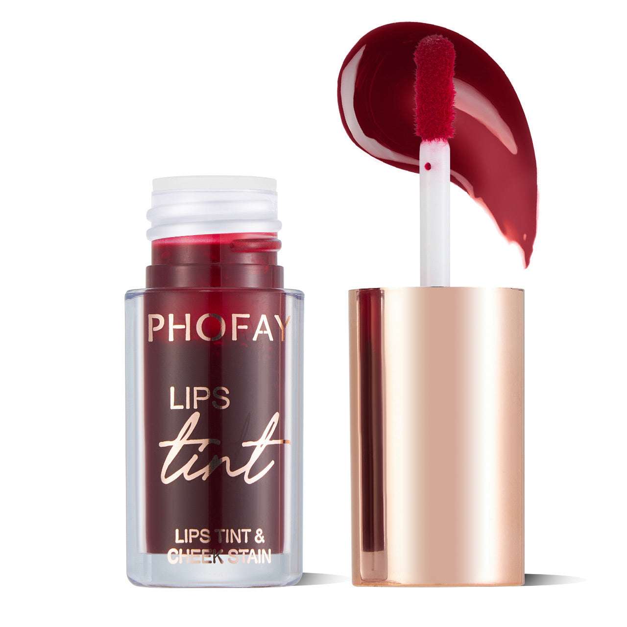 Lip tint bottle with red tint applicator over rose-gold cap tube.