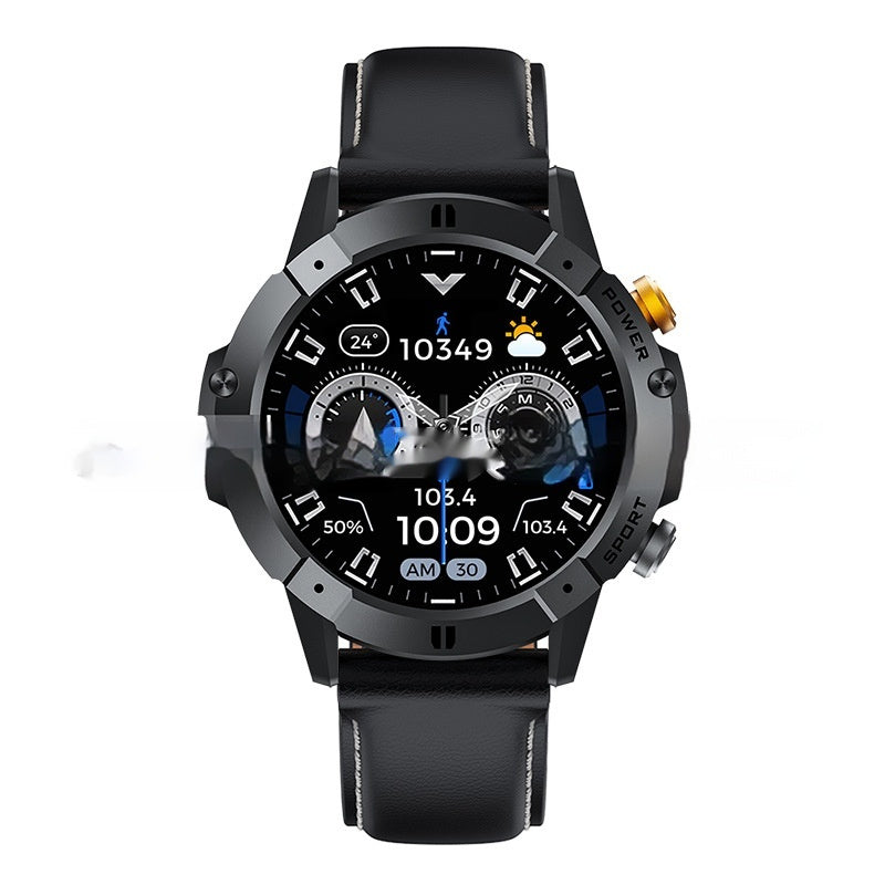 Black smartwatch with textured bezel and black leather strap, colorful digital watch face