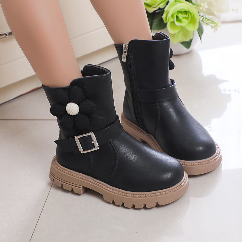 Girls’ leather ankle boots in black with floral fabric accents and silver buckle strap