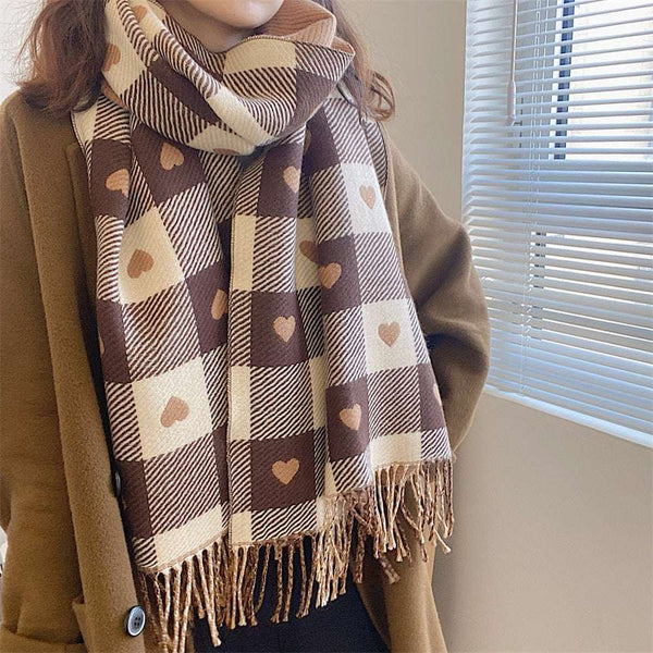 Women's Faux Cashmere Heart Check Scarf with Fringe