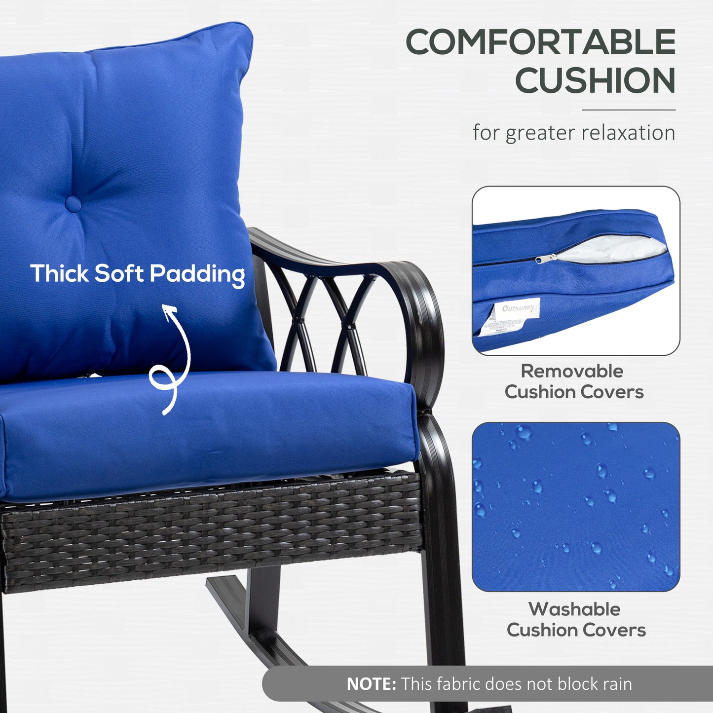 Outdoor Wicker Rocking Chair with Blue Cushions - Aluminum Rocker
