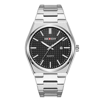 Men's steel strap wristwatch with black textured dial and silver date window