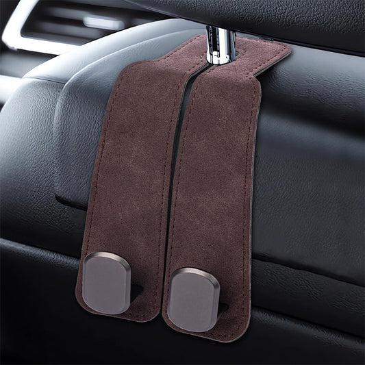 Car seat back phone holder hooks, brown suede set with two double metal clips