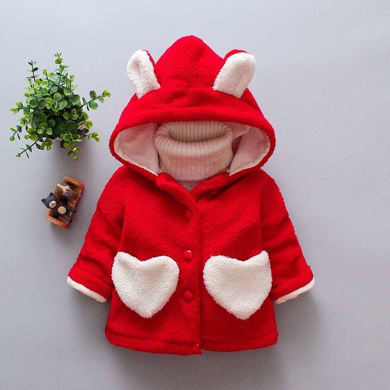 Girls' winter coat, bright red plush with bunny ear hood and white heart pockets