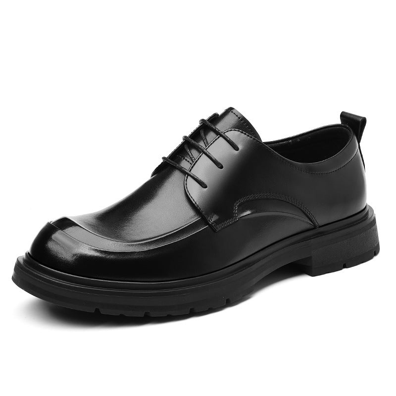 Men's black leather lace-up business shoe with perforated toe and lug sole