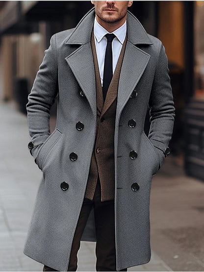 Men's long double-breasted wool coat, gray with two-row dark button closure