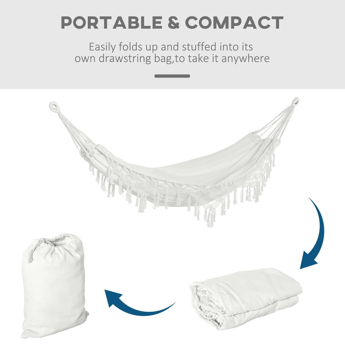 White boho macrame hammock with tassel fringe plus carry bag for portability