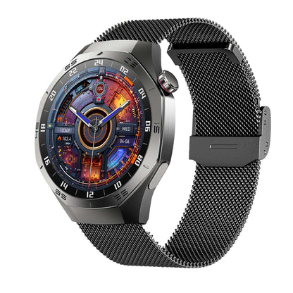 Silver case smartwatch with black mesh metal strap and camera lens