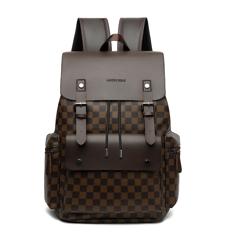 Brown checkered office backpack front view with flap and adjustable shoulder straps
