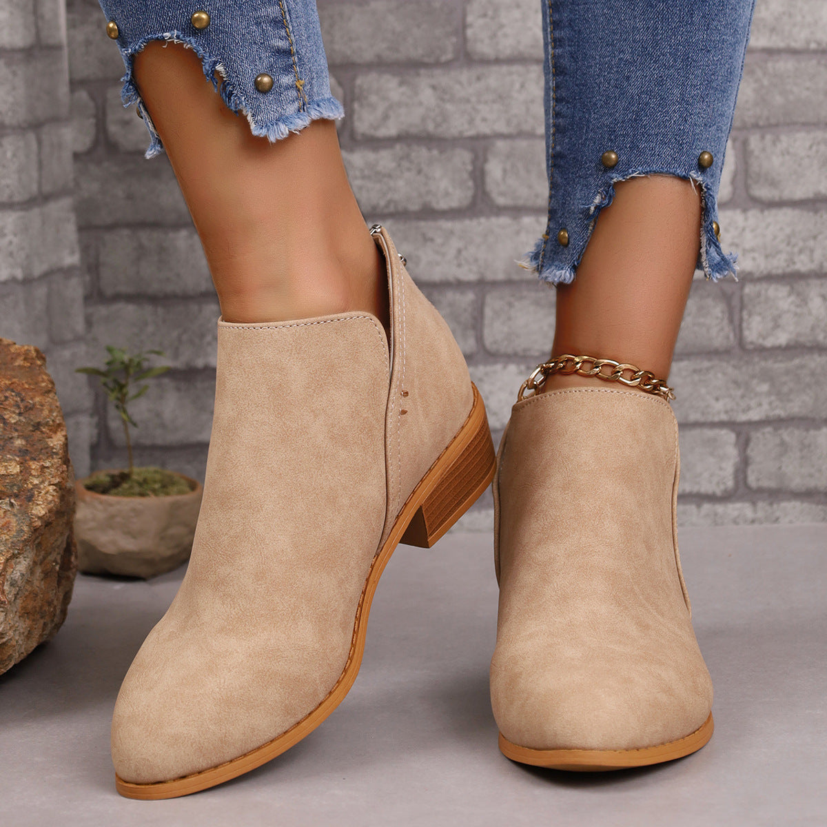 Chunky Heel Pointed Toe Ankle Boots With V-cut Design Fashion Fall Winter Short Boots For Women Shoes Chunky Heel Pointed Toe Ankle Boots With | Ectron Online