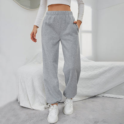 Gray fleece-lined straight casual pants, relaxed fit with elastic waist