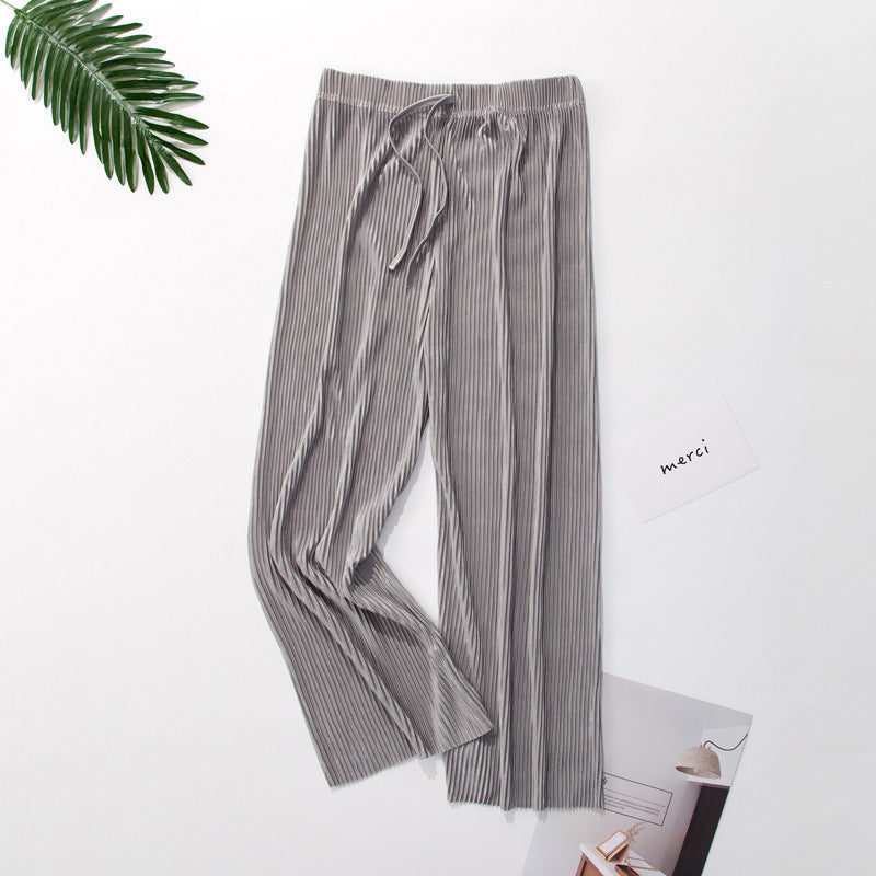 Pleated wide-leg pants trousers high waist vertical spring and summer new loose casual pants chiffon trousers ice silk nine points pants