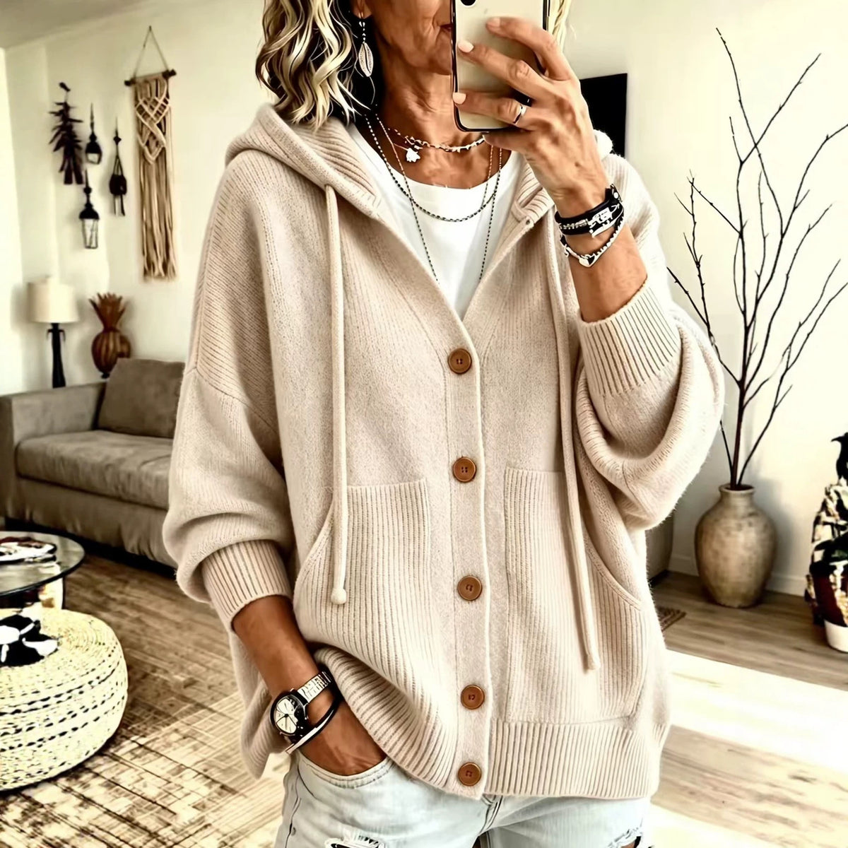 Cream button-knit hooded cardigan with button placket and front patch pockets